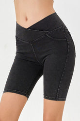 Basic Bae Asymmetrical Waist Denim Shorts with Pockets Dark OutfitFlow